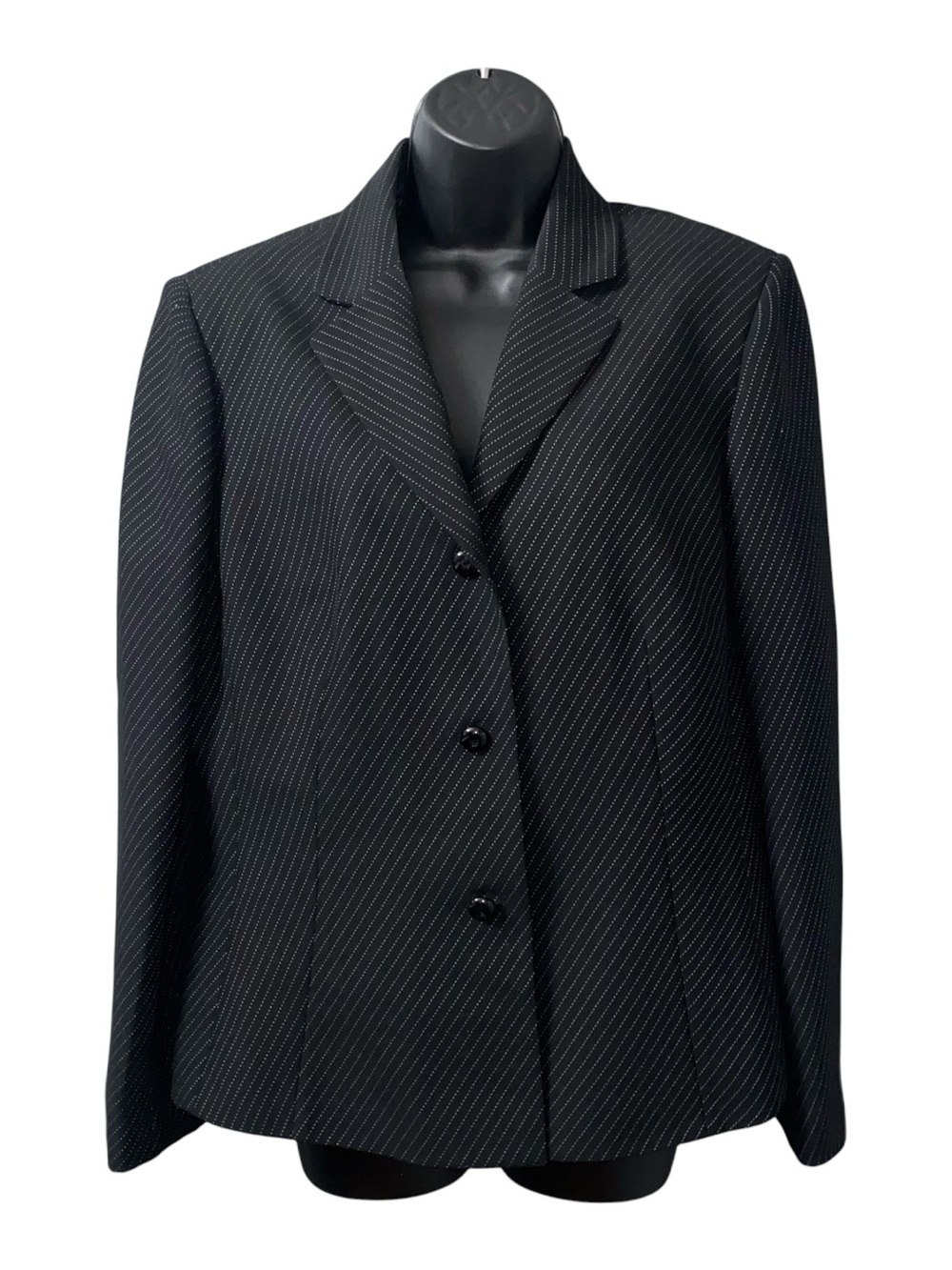 Le Suit Women's Pin Stripe Gray Button Up Blazer Pockets Size 14 Notched Lapel
